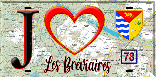 Plaque métal décorative  J' ❤️ Les Bréviaires, Yvelines (78) fond carte