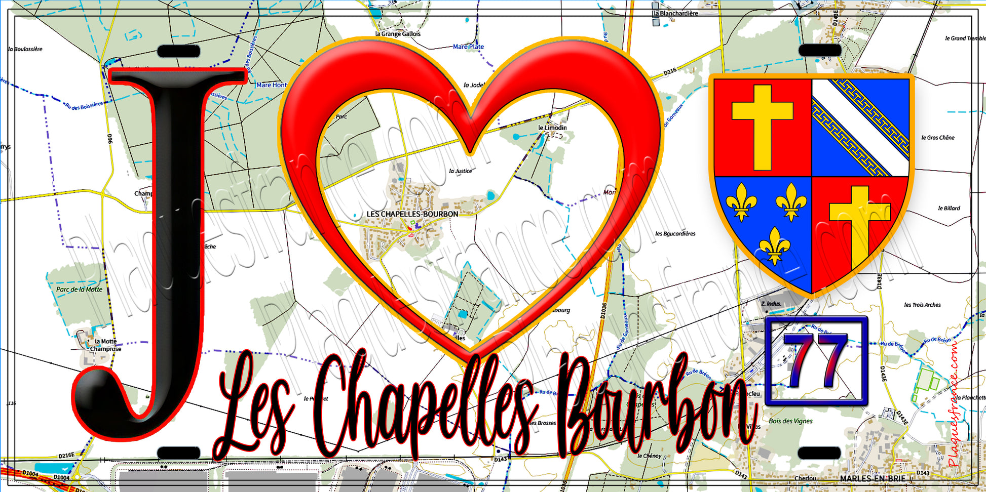 Plaque métal décorative  J' ❤️Les Chapelles-Bourbon, Seine et Marne (77) fond carte