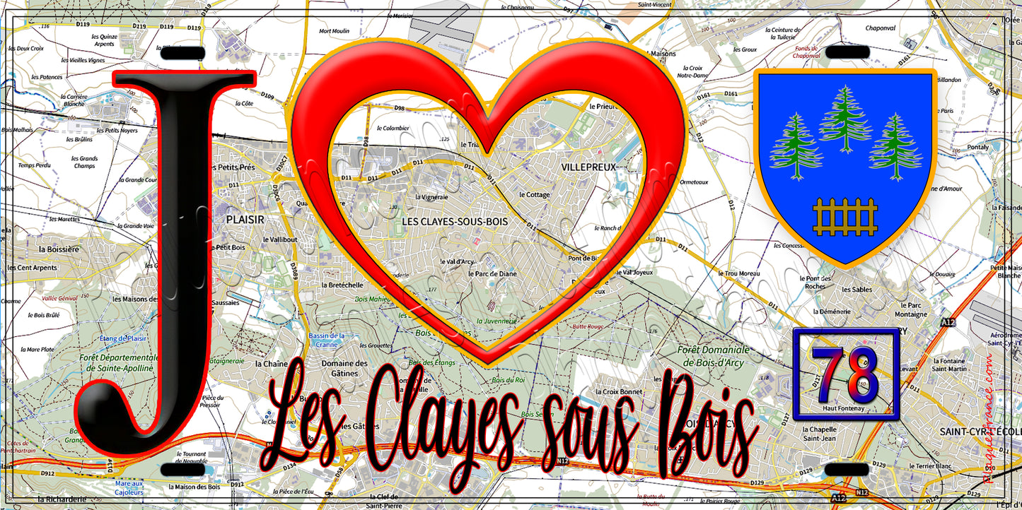 Plaque métal décorative  J' ❤️ Les Clayes-sous-Bois, Yvelines (78) fond carte