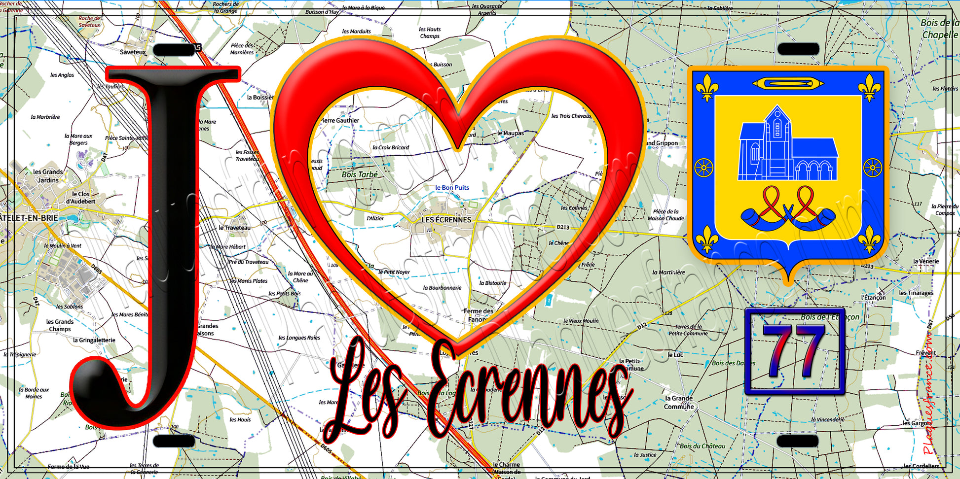 Plaque métal décorative  J' ❤️Les Écrennes, Seine et Marne (77) fond carte