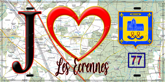 Plaque métal décorative  J' ❤️Les Écrennes, Seine et Marne (77) fond carte