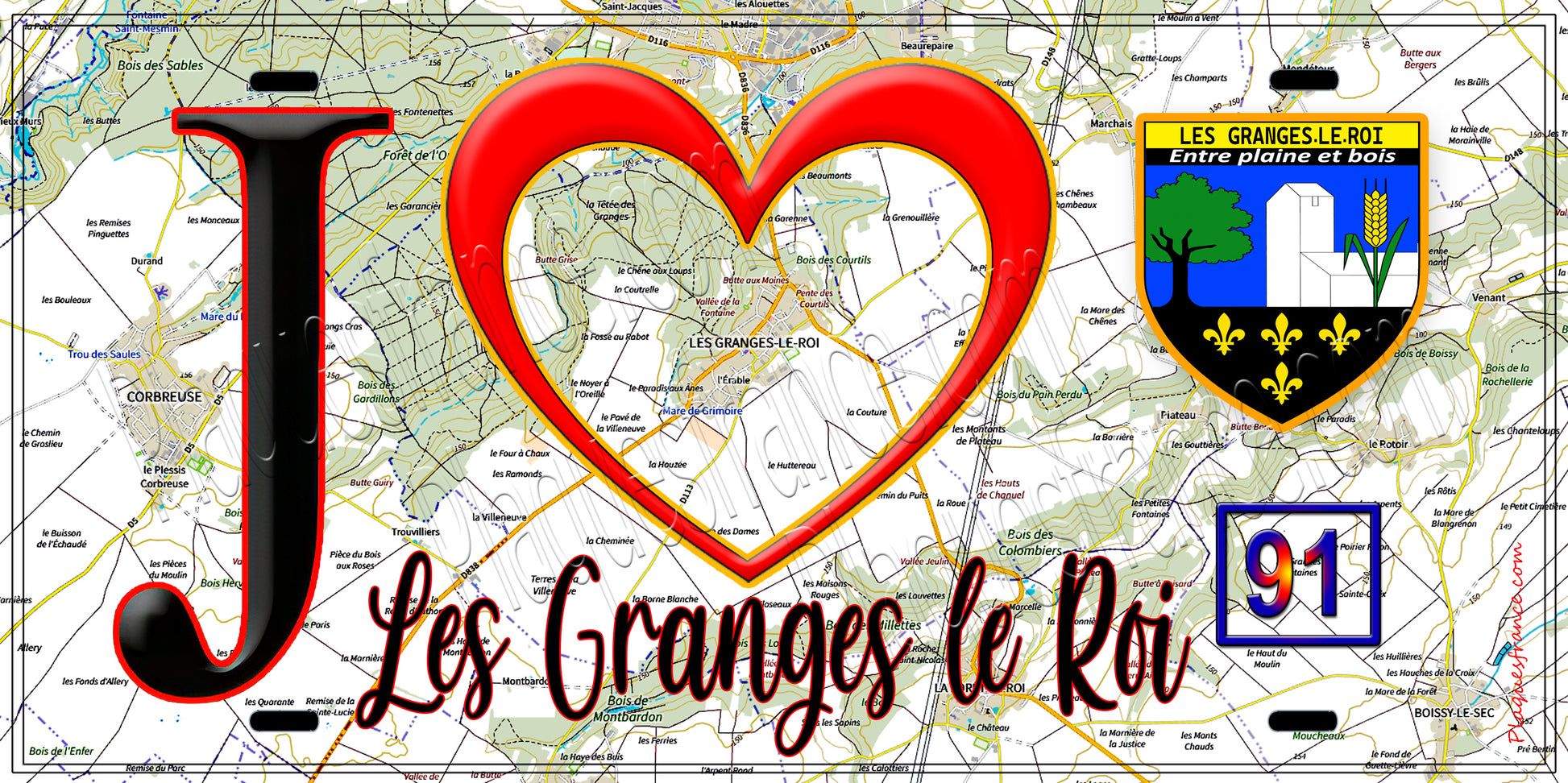 Plaque métal décorative  J' ❤️Les Granges-le-Roi, Essonne (91) fond carte