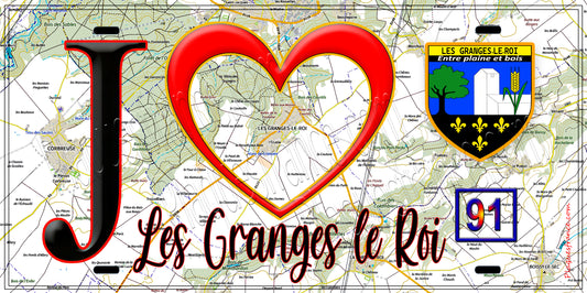 Plaque métal décorative  J' ❤️Les Granges-le-Roi, Essonne (91) fond carte