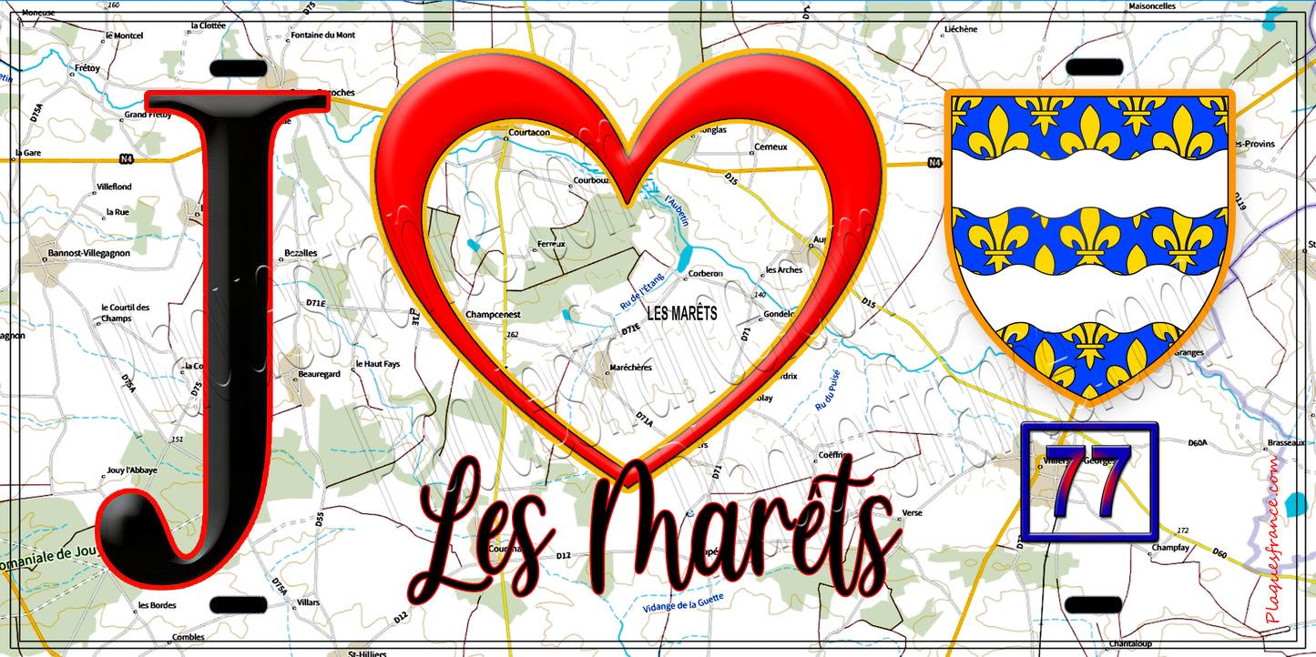 Plaque métal décorative  J' ❤️Les Marêts, Seine et Marne (77) fond carte