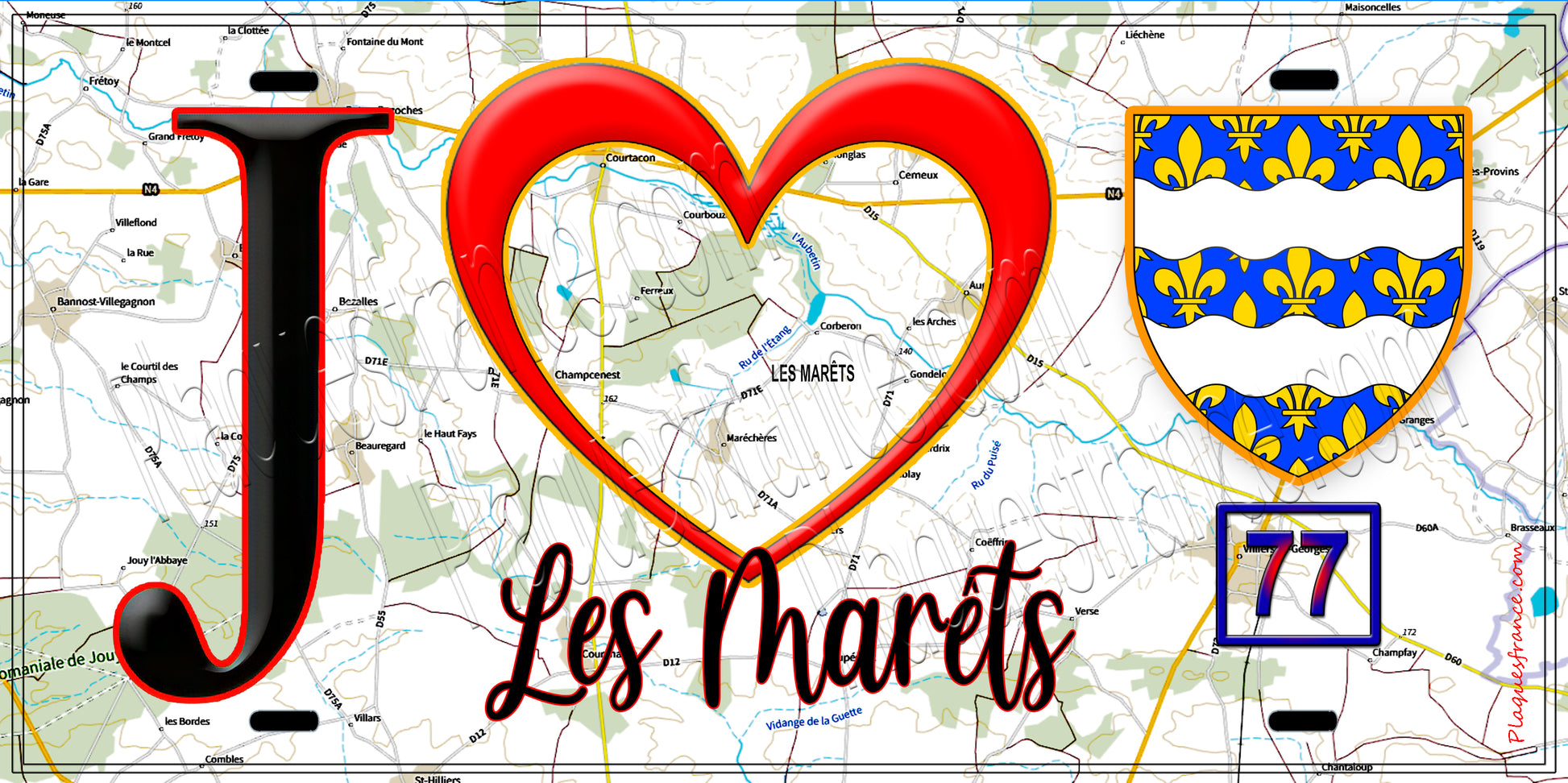 Plaque métal décorative  J' ❤️Les Marêts, Seine et Marne (77) fond carte