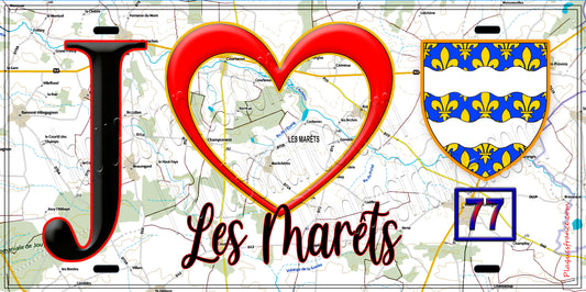 Plaque métal décorative  J' ❤️Les Marêts, Seine et Marne (77) fond carte
