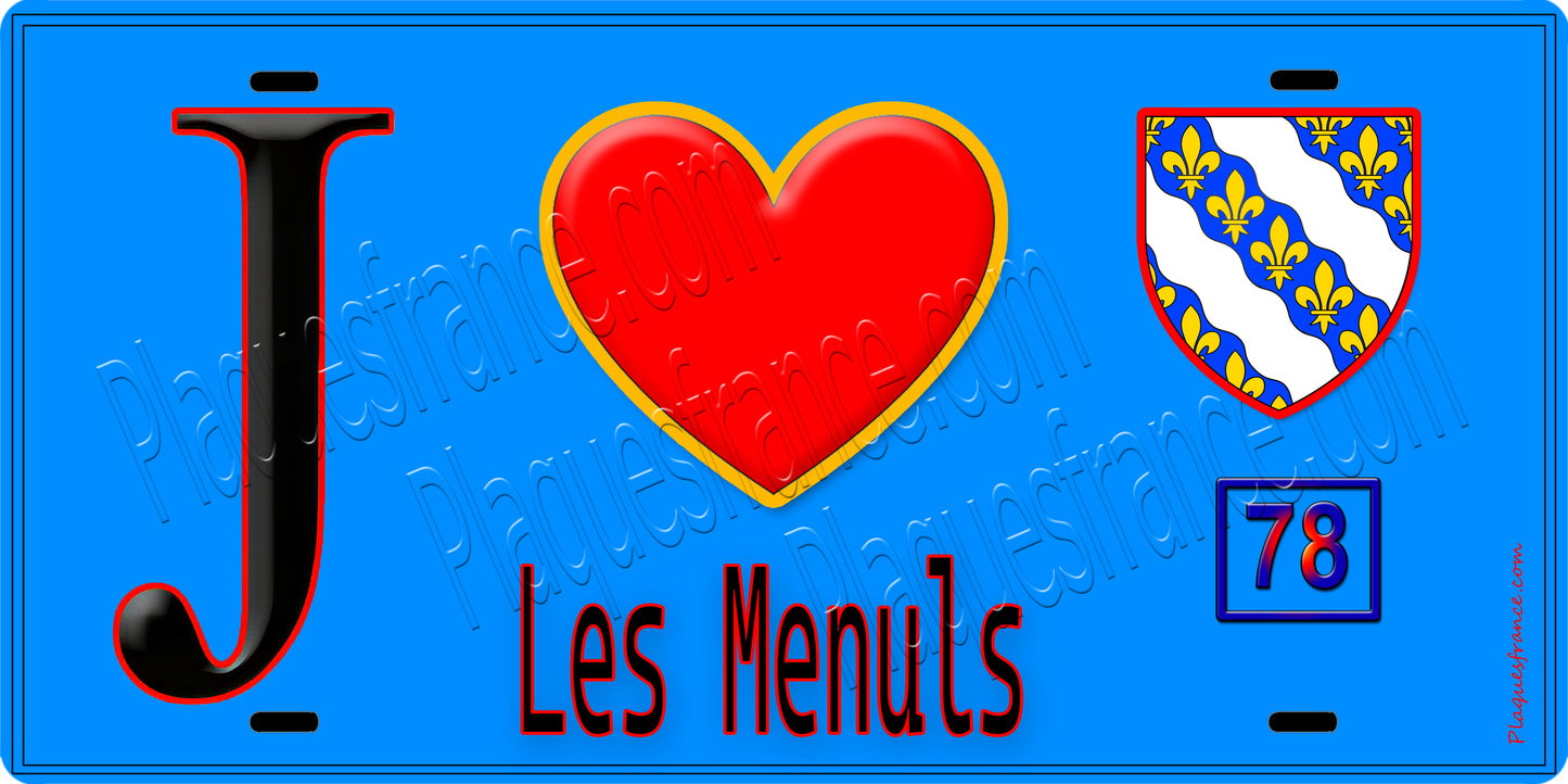 Plaque métal décorative  J' ❤️ Les Mesnuls, Yvelines (78) fond bleu