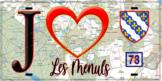 Plaque métal décorative  J' ❤️ Les Mesnuls, Yvelines (78) fond carte
