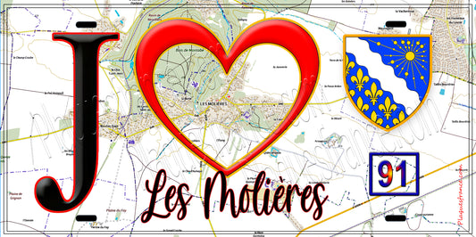 Plaque métal décorative  J' ❤️Les Molières, Essonne (91) fond carte