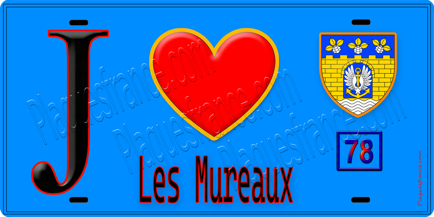 Plaque métal décorative  J' ❤️ Les Mureaux, Yvelines (78) fond bleu