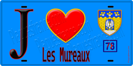 Plaque métal décorative  J' ❤️ Les Mureaux, Yvelines (78) fond bleu