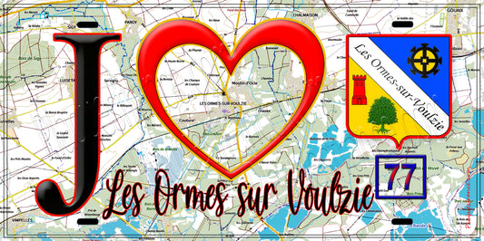 Plaque métal décorative  J' ❤️Les Ormes-sur-Voulzie, Seine et Marne (77) fond carte