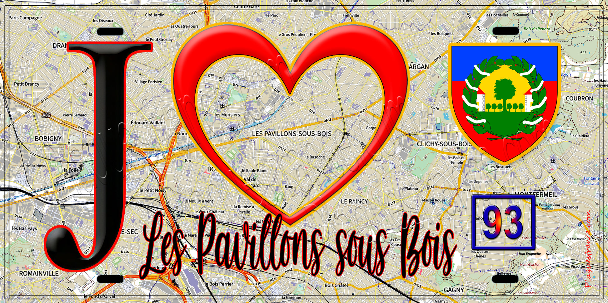 Plaque métal décorative  J' ❤️Les Pavillons-sous-Bois, Seine Saint Denis (93) fond carte