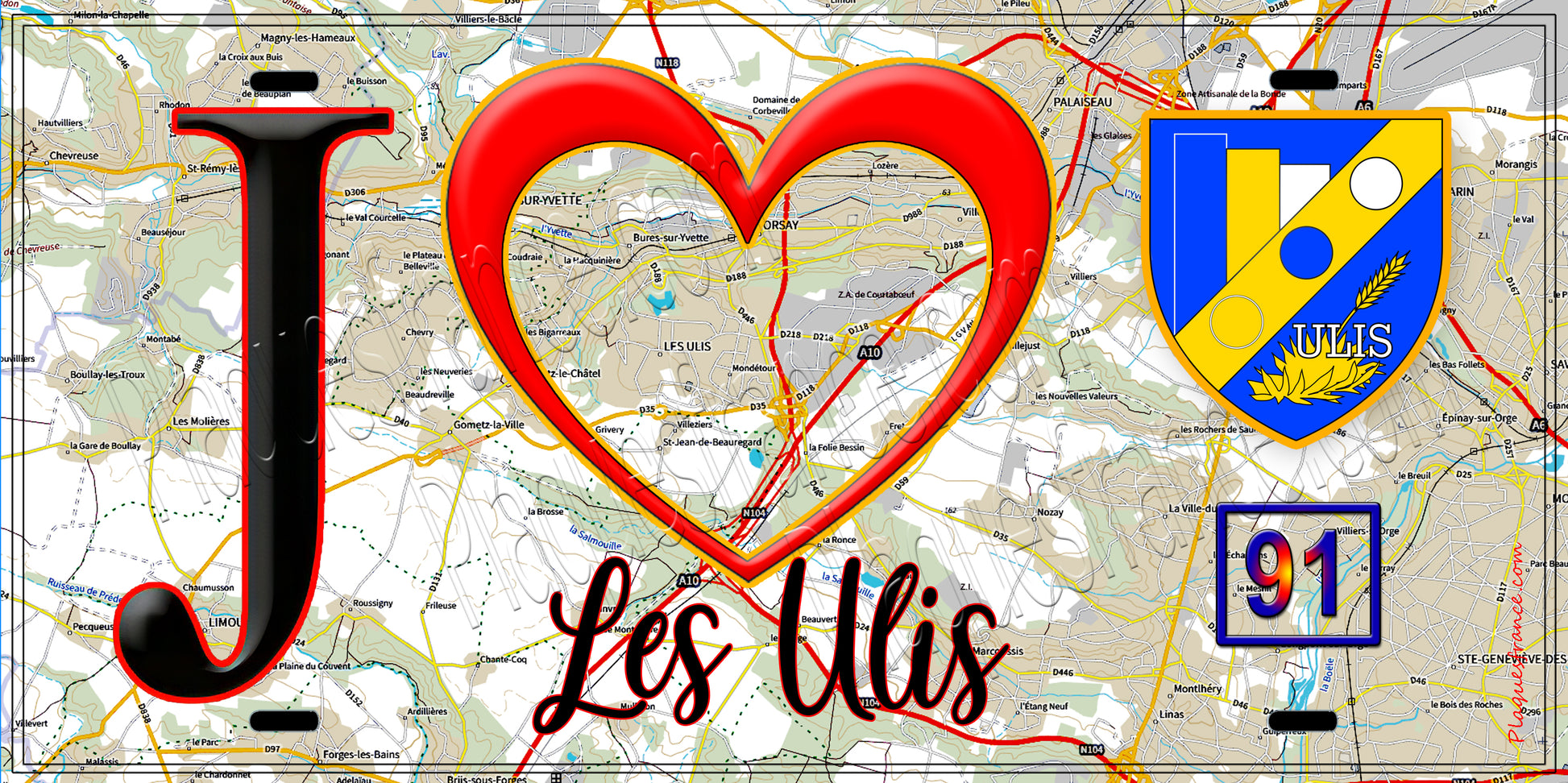 Plaque métal décorative  J' ❤️Les Ulis, Essonne (91) fond carte