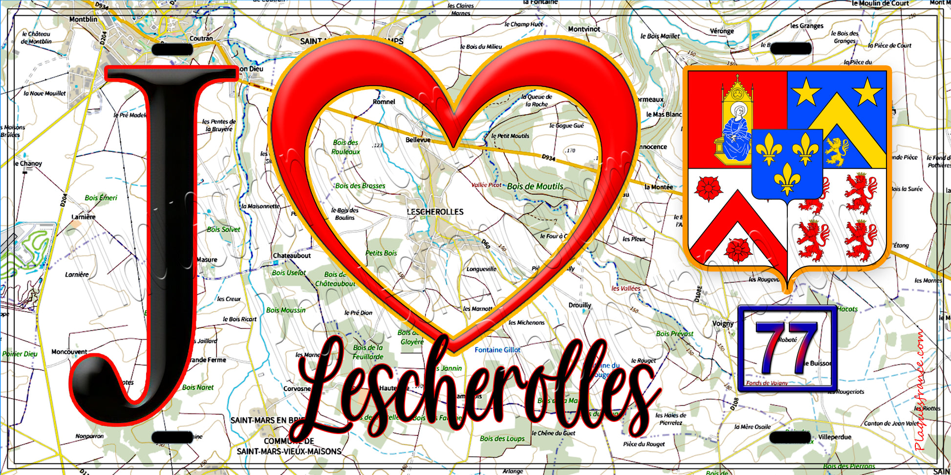 Plaque métal décorative  J' ❤️Lescherolles, Seine et Marne (77) fond carte