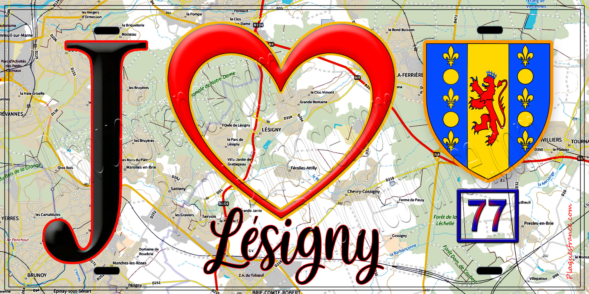 Plaque métal décorative  J' ❤️Lésigny, Seine et Marne (77) fond carte