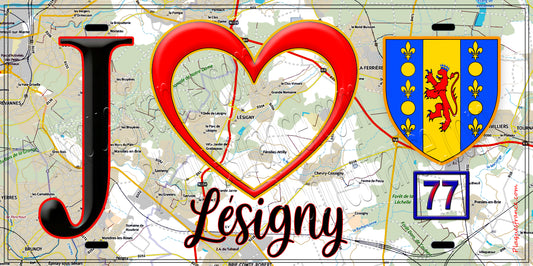 Plaque métal décorative  J' ❤️Lésigny, Seine et Marne (77) fond carte