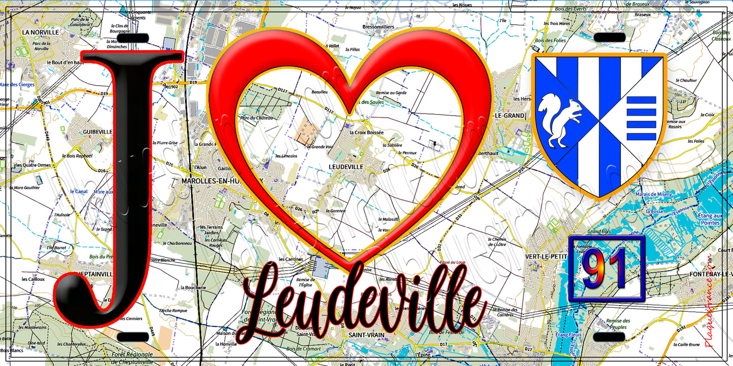 Plaque métal décorative  J' ❤️Leudeville, Essonne (91) fond carte