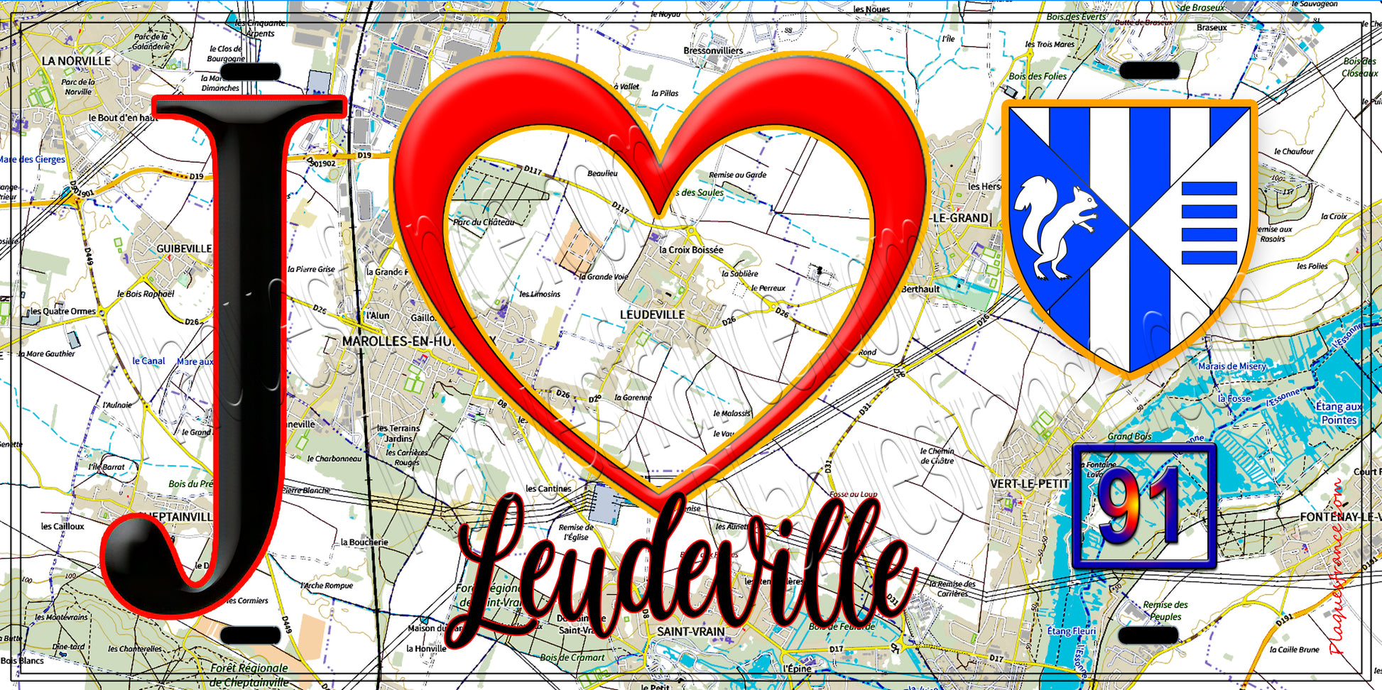 Plaque métal décorative  J' ❤️Leudeville, Essonne (91) fond carte