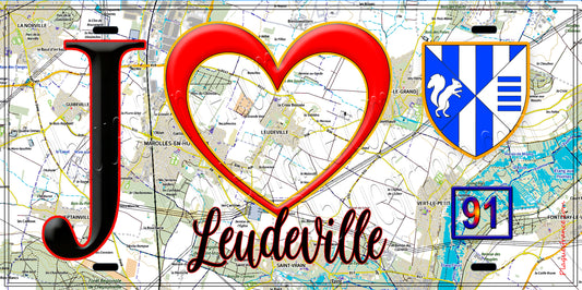 Plaque métal décorative  J' ❤️Leudeville, Essonne (91) fond carte