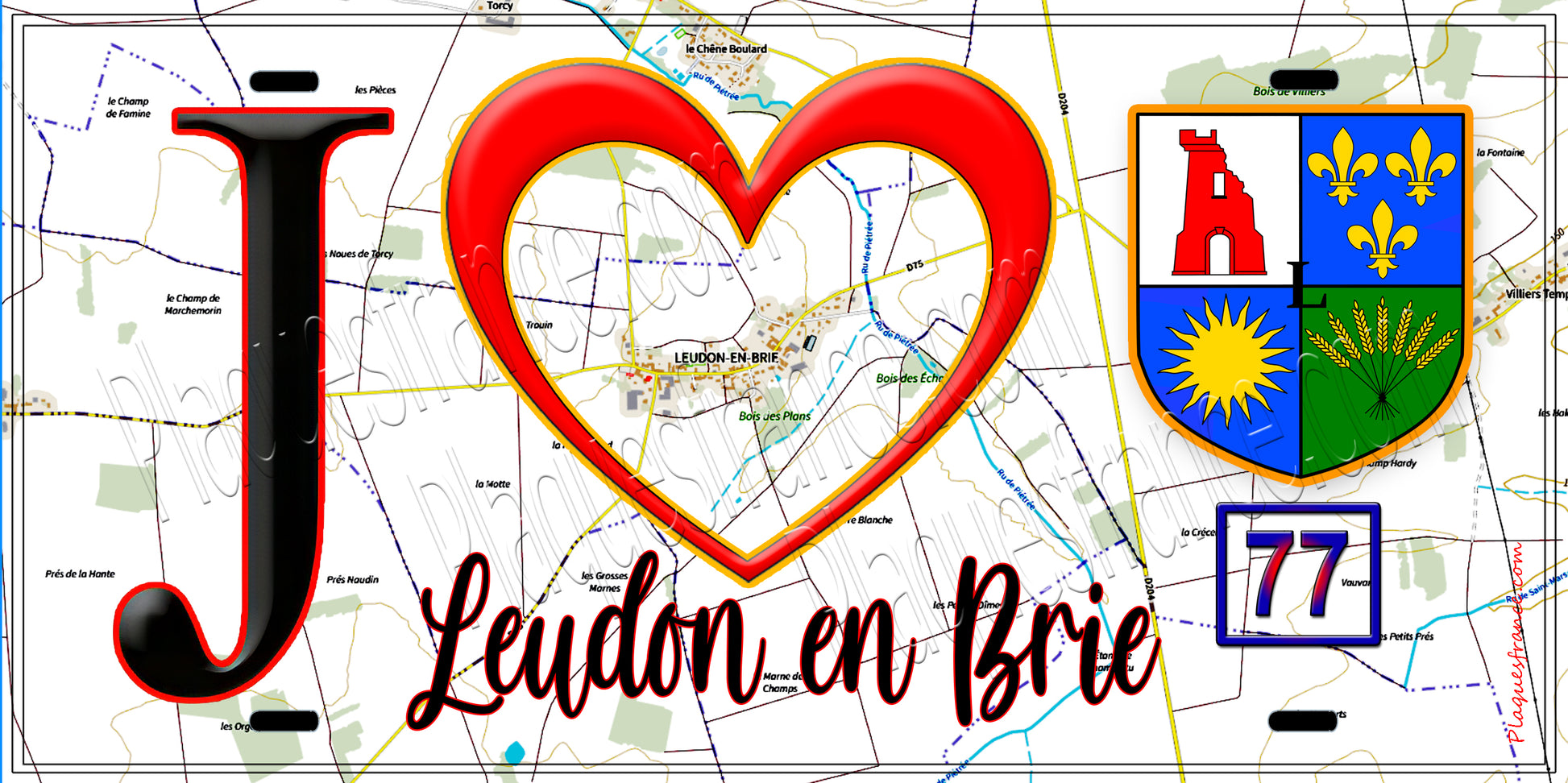 Plaque métal décorative  J' ❤️Leudon-en-Brie, Seine et Marne (77) fond carte