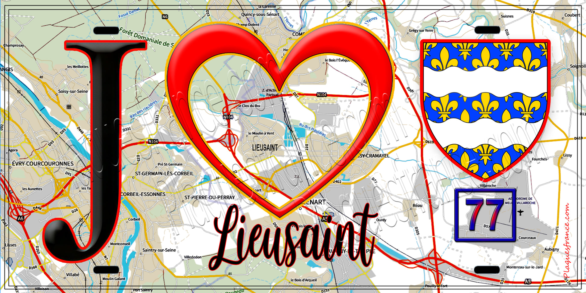 Plaque métal décorative  J' ❤️Lieusaint, Seine et Marne (77) fond carte