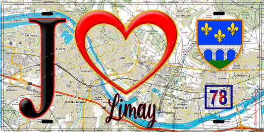 Plaque métal décorative  J' ❤️ Limay, Yvelines (78) fond carte