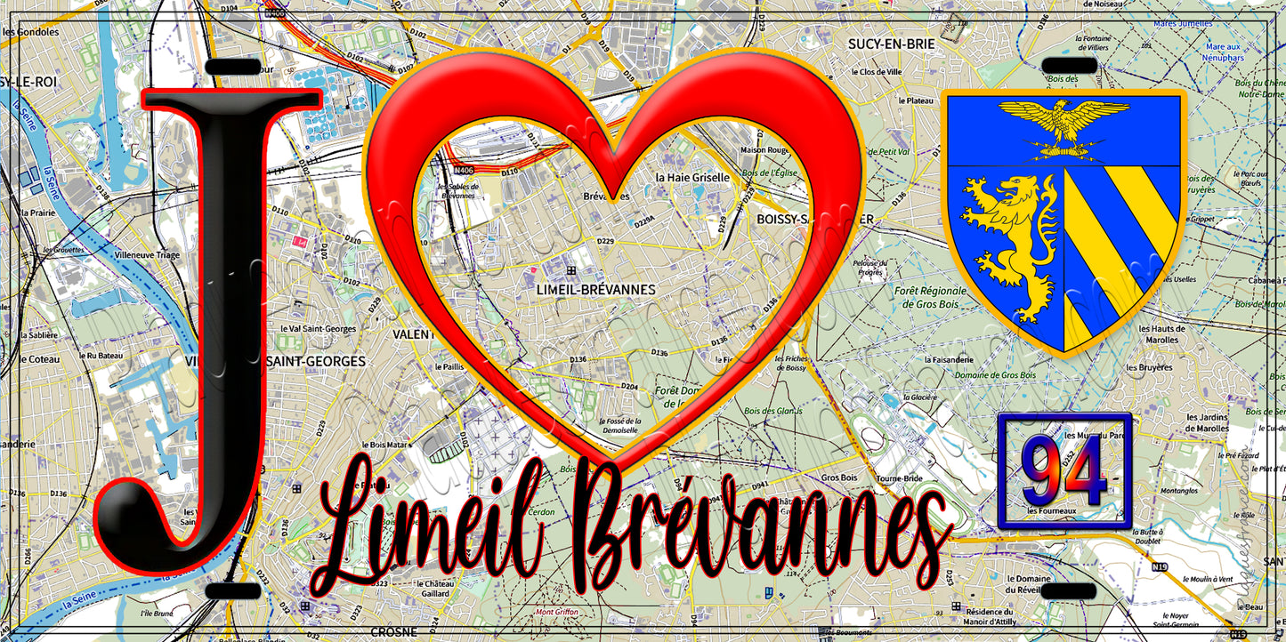 Plaque métal décorative  J' ❤️Limeil-Brévannes, Val de Marne (94) fond carte
