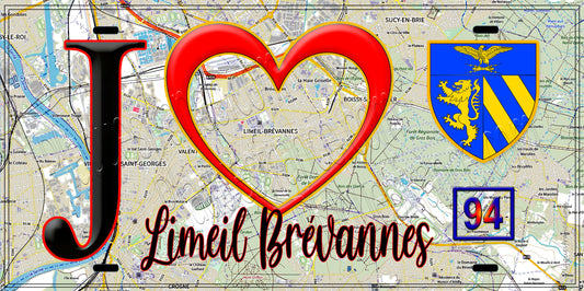Plaque métal décorative  J' ❤️Limeil-Brévannes, Val de Marne (94) fond carte