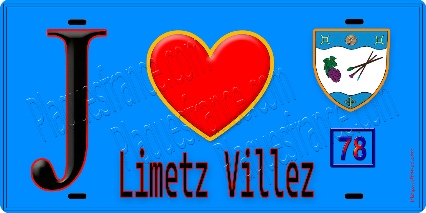 Plaque métal décorative  J' ❤️ Limetz-Villez, Yvelines (78) fond bleu