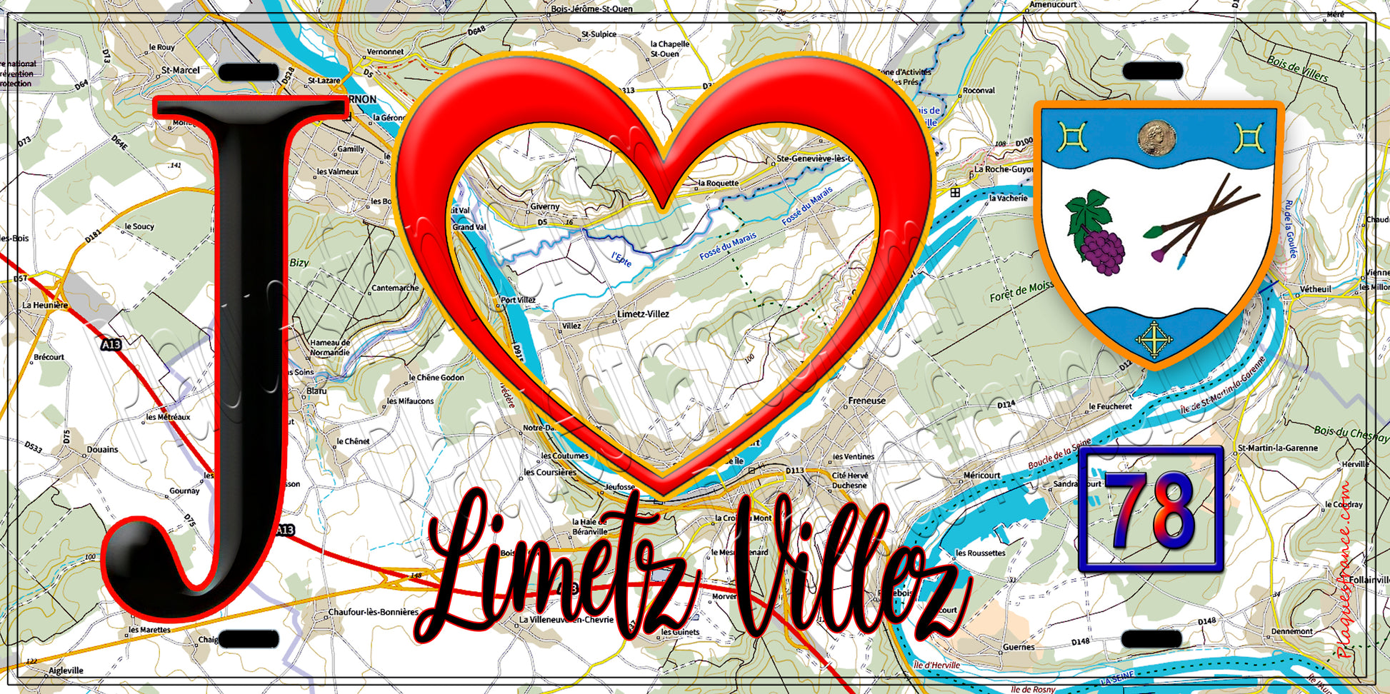 Plaque métal décorative  J' ❤️ Limetz-Villez, Yvelines (78) fond carte