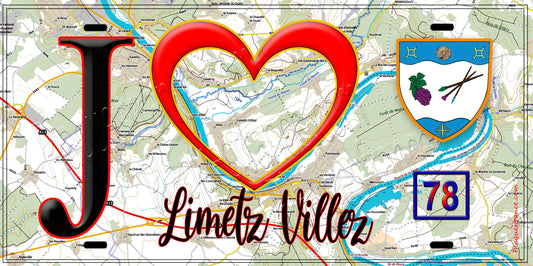Plaque métal décorative  J' ❤️ Limetz-Villez, Yvelines (78) fond carte