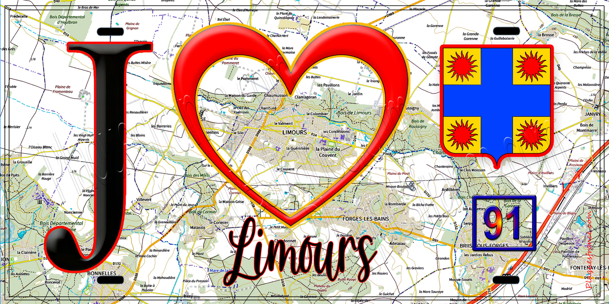 Plaque métal décorative  J' ❤️Limours, Essonne (91) fond carte