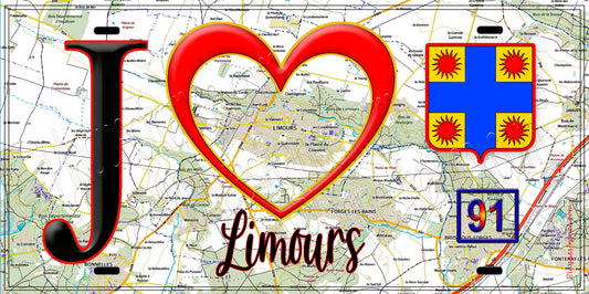Plaque métal décorative  J' ❤️Limours, Essonne (91) fond carte