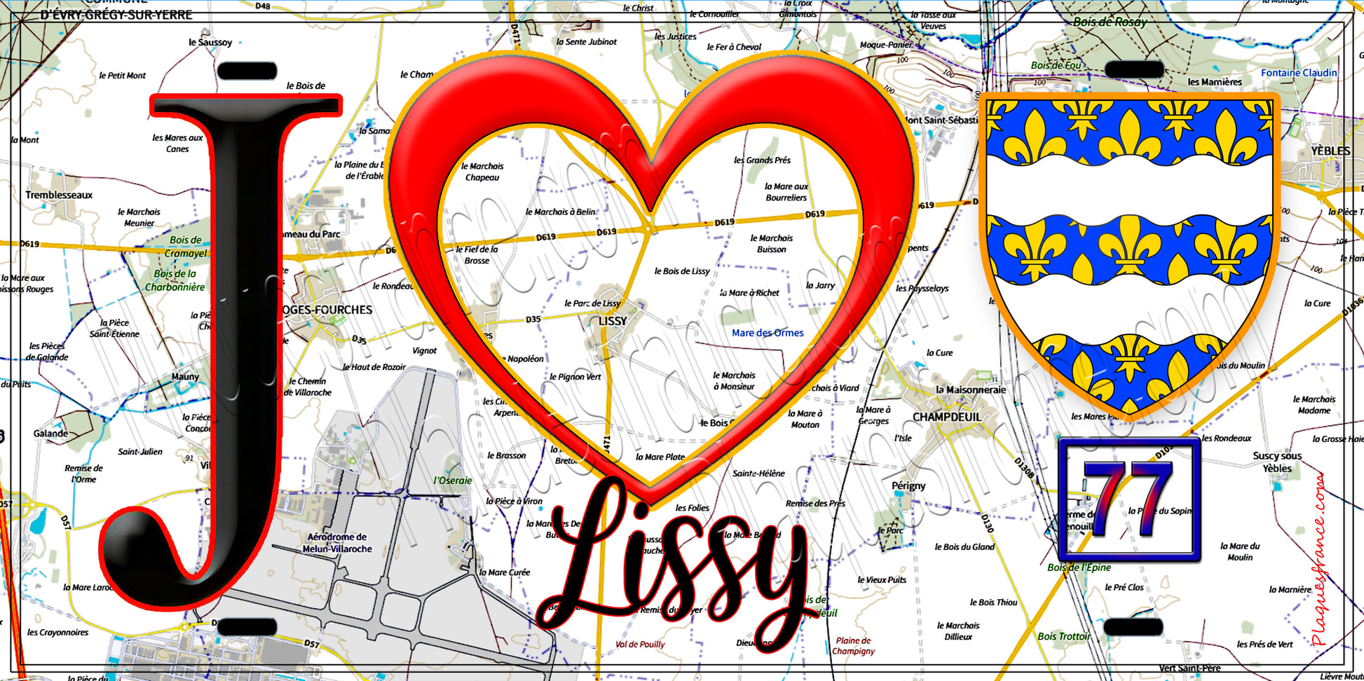 Plaque métal décorative  J' ❤️Lissy, Seine et Marne (77) fond carte