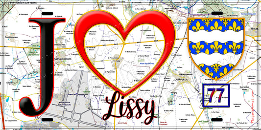Plaque métal décorative  J' ❤️Lissy, Seine et Marne (77) fond carte