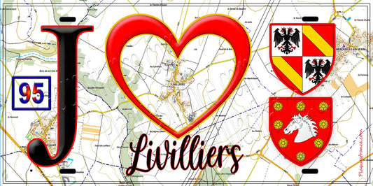 Plaque métal décorative  J' ❤️Livilliers, Val d'Oise (95) fond carte
