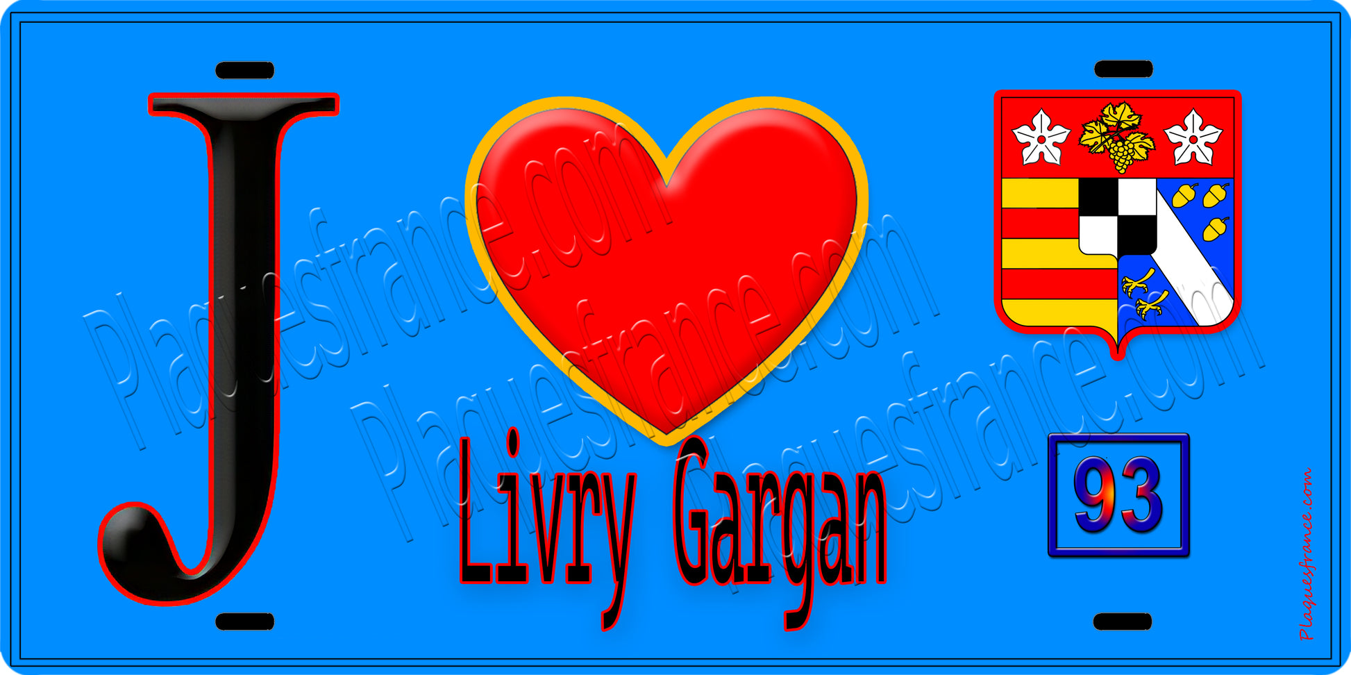 Plaque métal décorative  J' ❤️Livry-Gargan, Seine Saint Denis (93) fond bleu