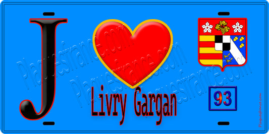 Plaque métal décorative  J' ❤️Livry-Gargan, Seine Saint Denis (93) fond bleu