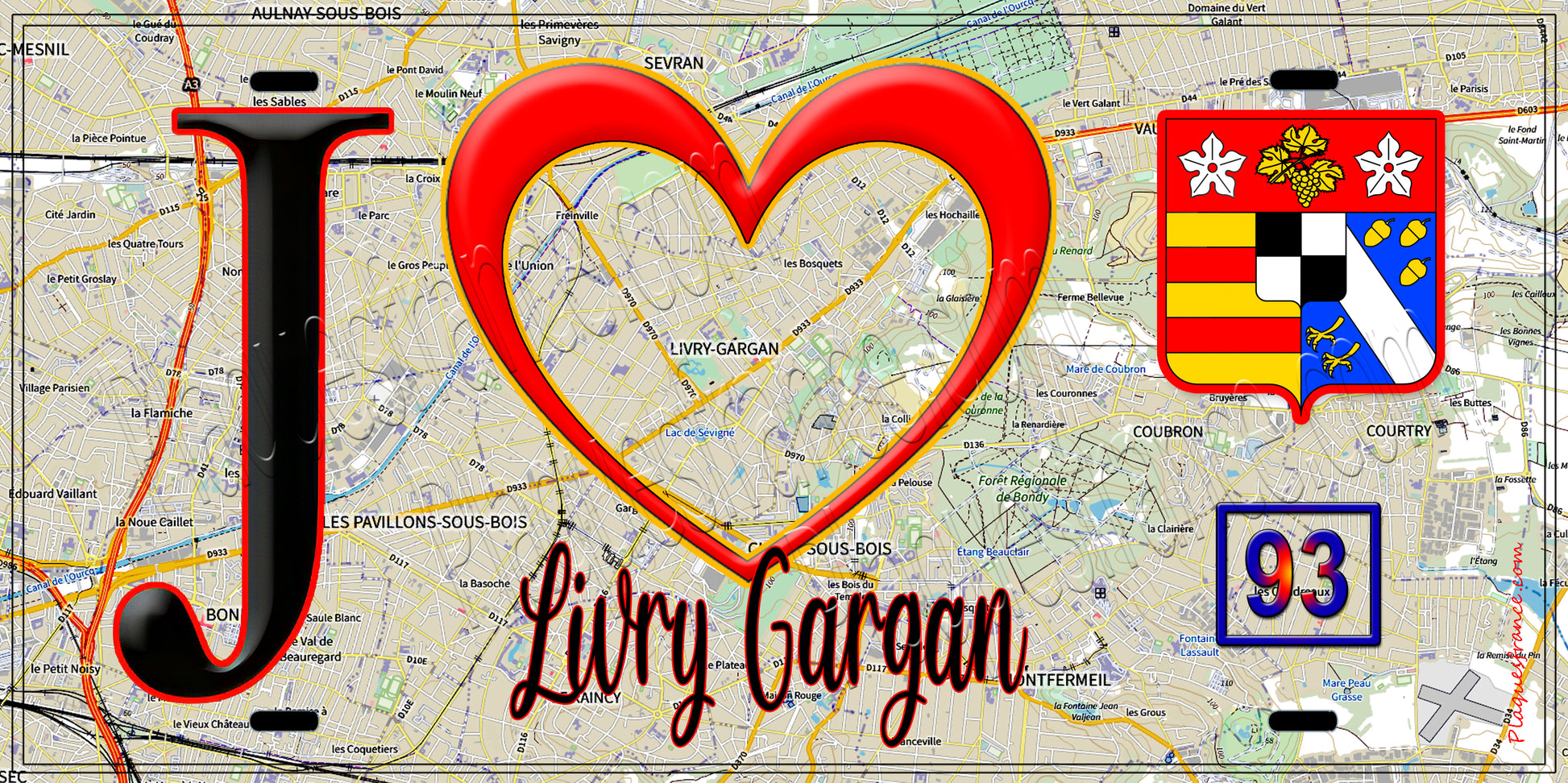 Plaque métal décorative  J' ❤️Livry-Gargan, Seine Saint Denis (93) fond carte