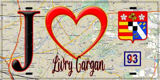 Plaque métal décorative  J' ❤️Livry-Gargan, Seine Saint Denis (93) fond carte