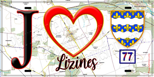 Plaque métal décorative  J' ❤️Lizines, Seine et Marne (77) fond carte