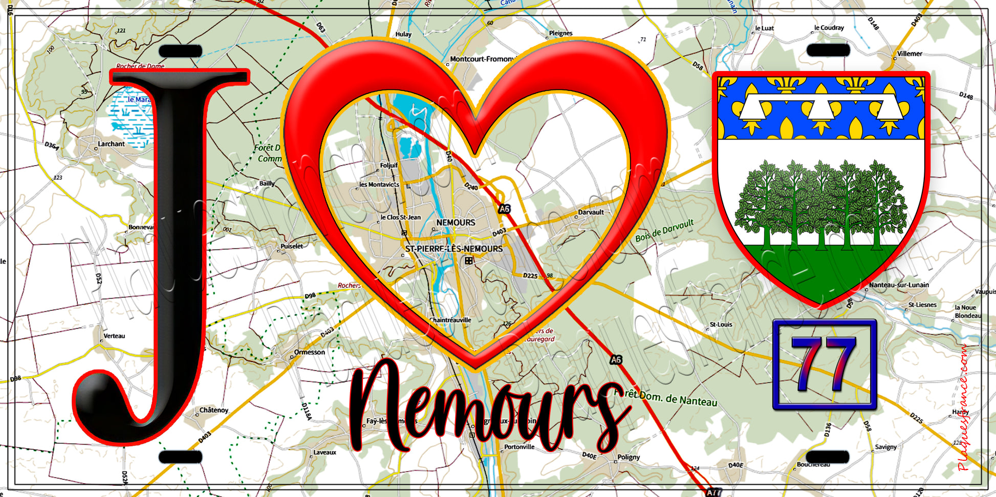 Plaque métal décorative  J' ❤️Nemours, Seine et Marne (77) fond carte