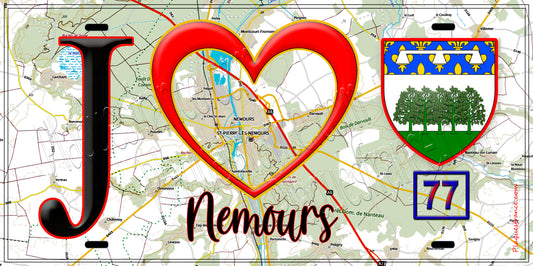 Plaque métal décorative  J' ❤️Nemours, Seine et Marne (77) fond carte