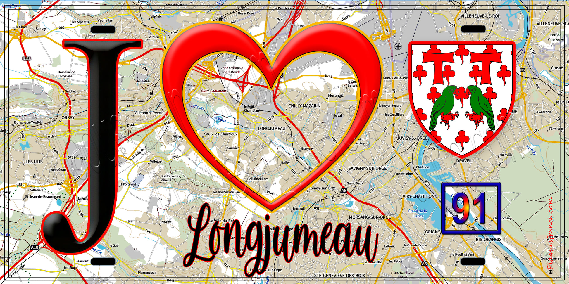 Plaque métal décorative  J' ❤️Longjumeau, Essonne (91) fond carte