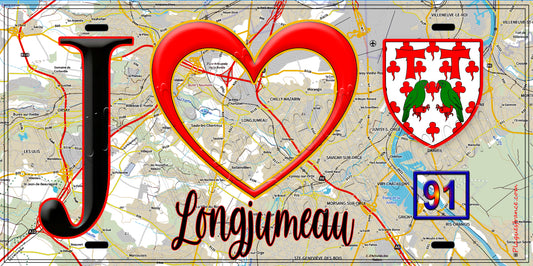 Plaque métal décorative  J' ❤️Longjumeau, Essonne (91) fond carte