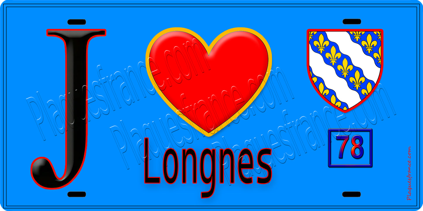 Plaque métal décorative  J' ❤️ Longnes, Yvelines (78) fond bleu