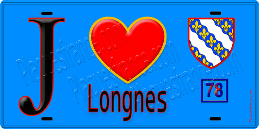 Plaque métal décorative  J' ❤️ Longnes, Yvelines (78) fond bleu