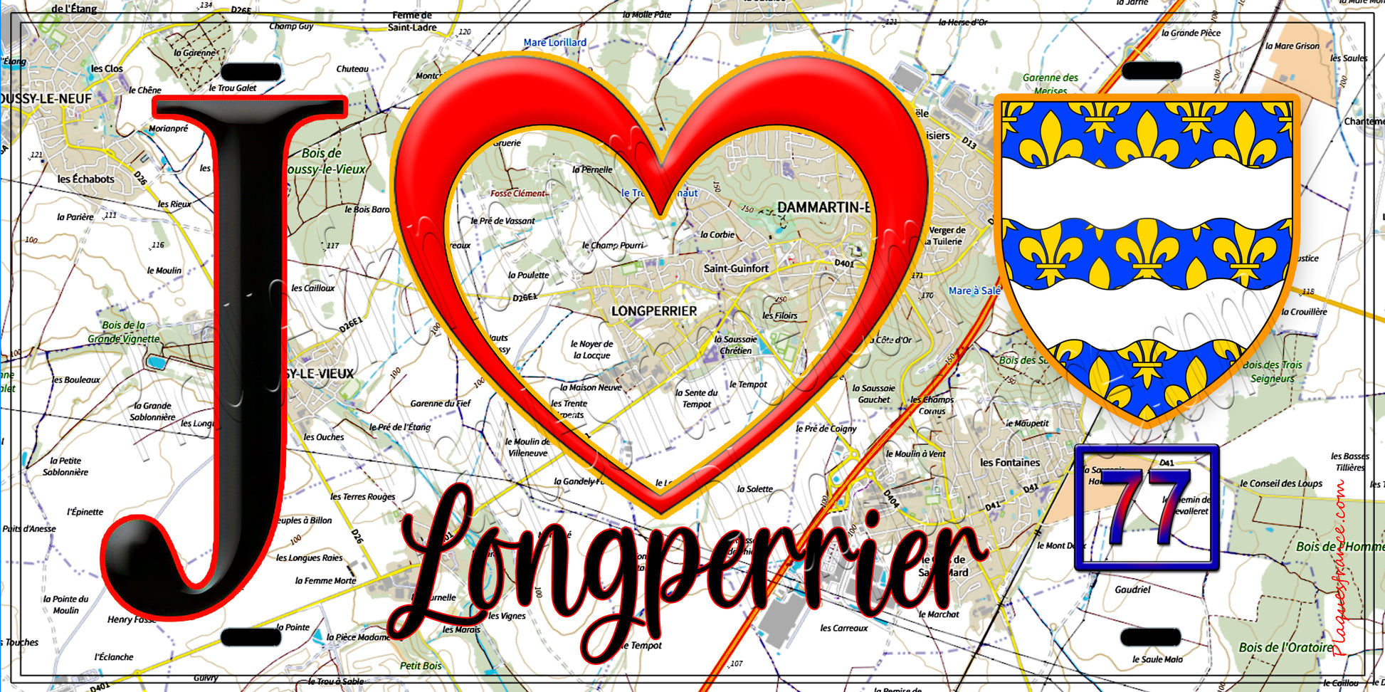 Plaque métal décorative  J' ❤️Longperrier, Seine et Marne (77) fond carte