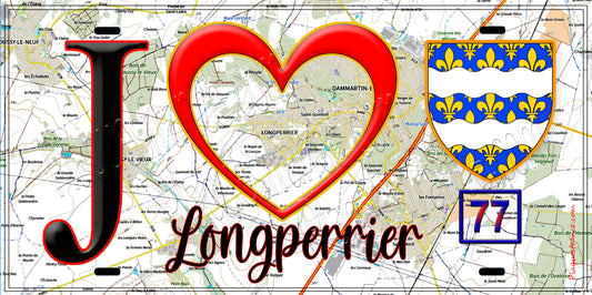 Plaque métal décorative  J' ❤️Longperrier, Seine et Marne (77) fond carte